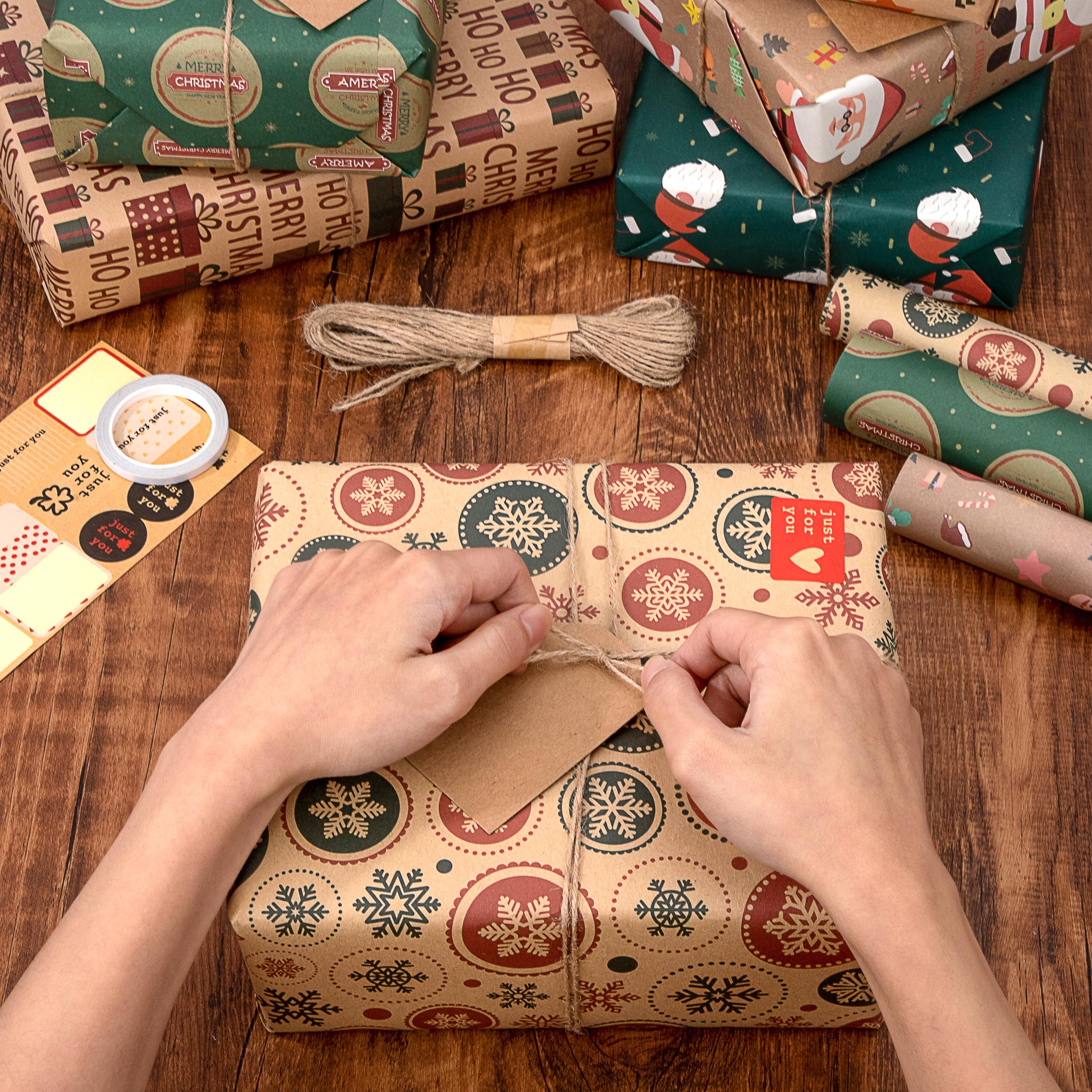 Carta Regalo Natalizia Vintage Rossa - 6 Fogli 50x70 Cm, Kit Completo Con Etichette E Fiocchi, Per Pacchi Regali
