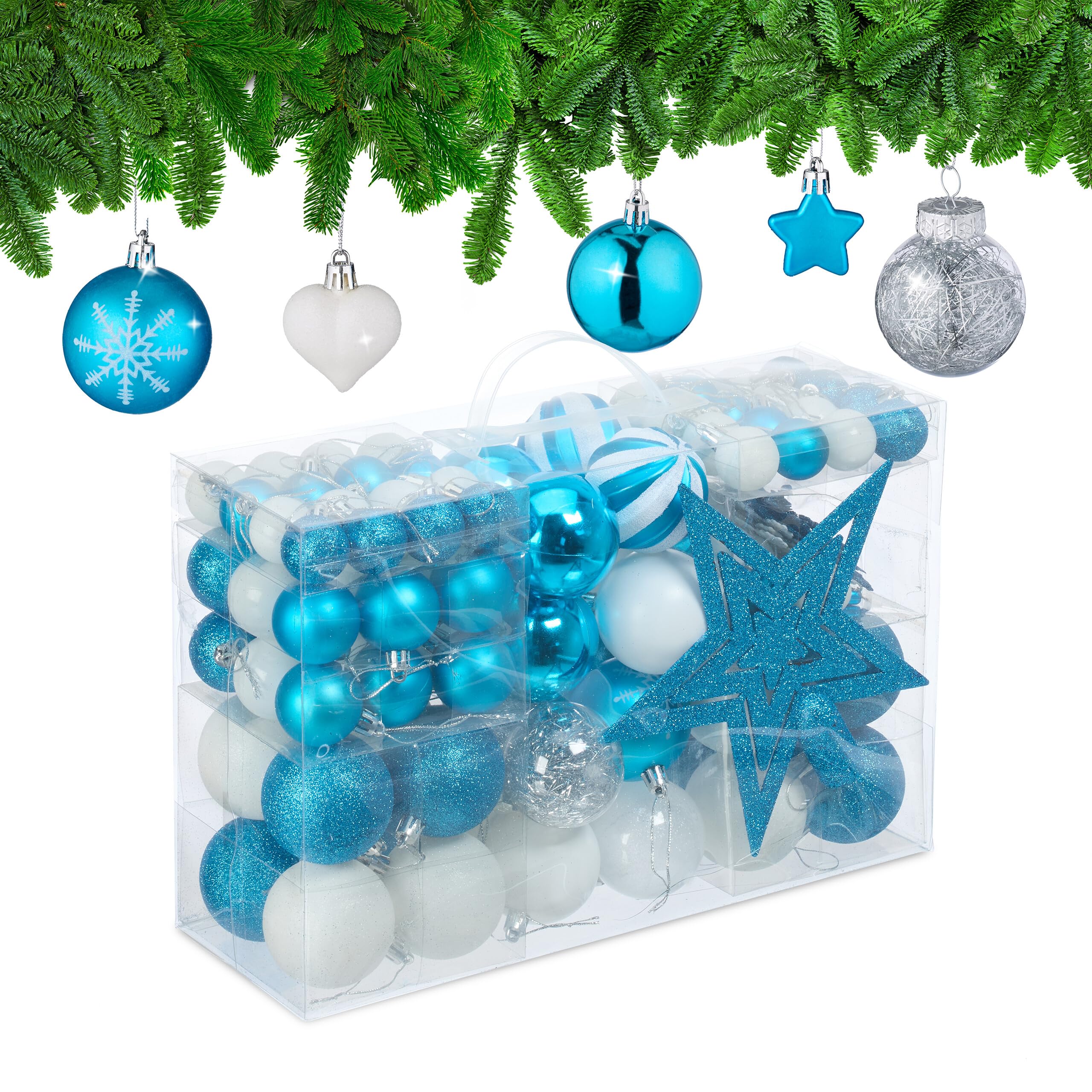Relaxdays Christmas Baubles Set of 101, Glittering, Tree Decorations, Spheres & Spikes, Plastic, Traditional, Petrol, 19 x 20 x 2.5 cm