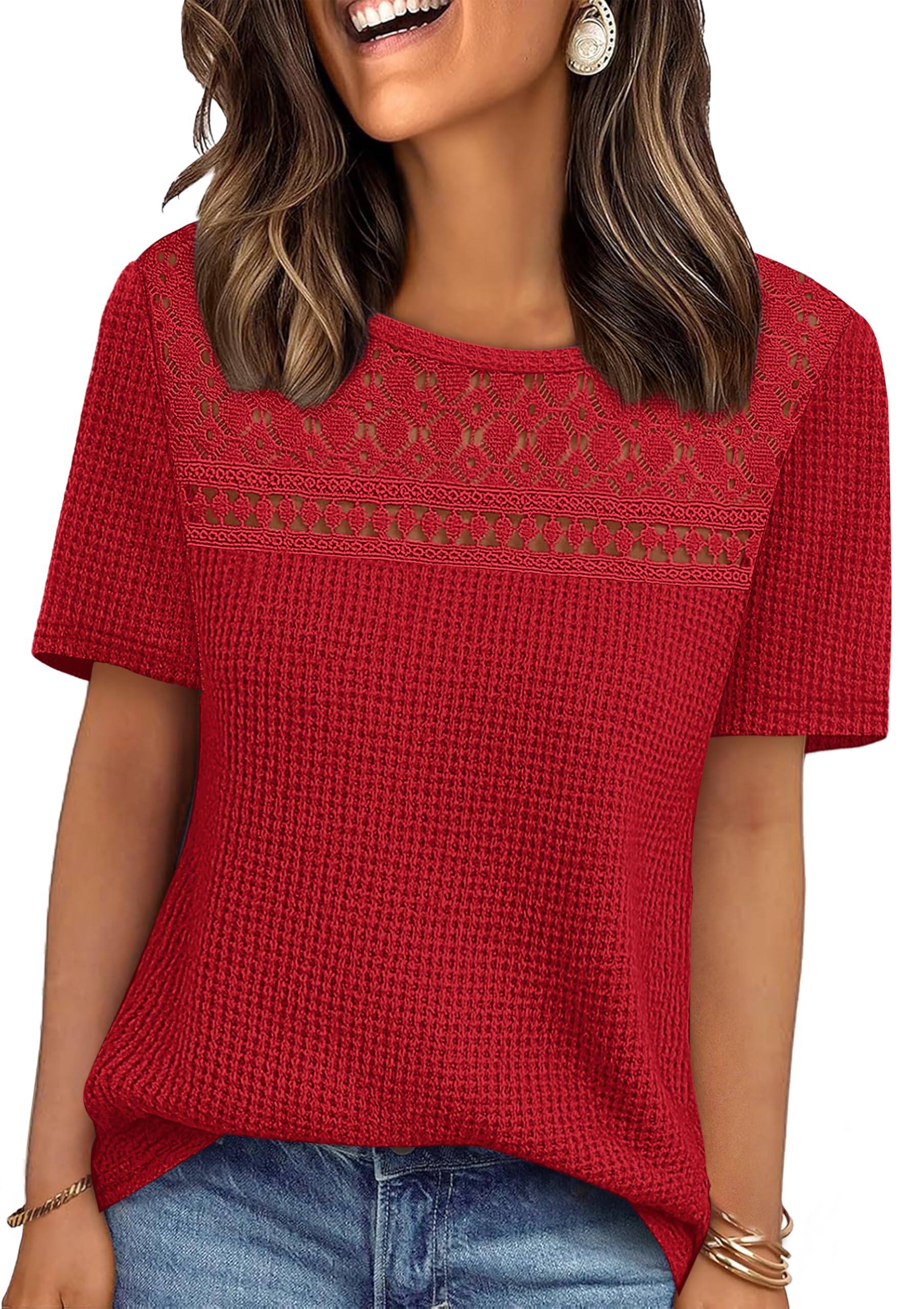 OFEEFAN Womens Tops Dressy Casual Short Sleeve Shirts Boho Crochet Lace Waffle Knit Plus Size Fashion Clothing