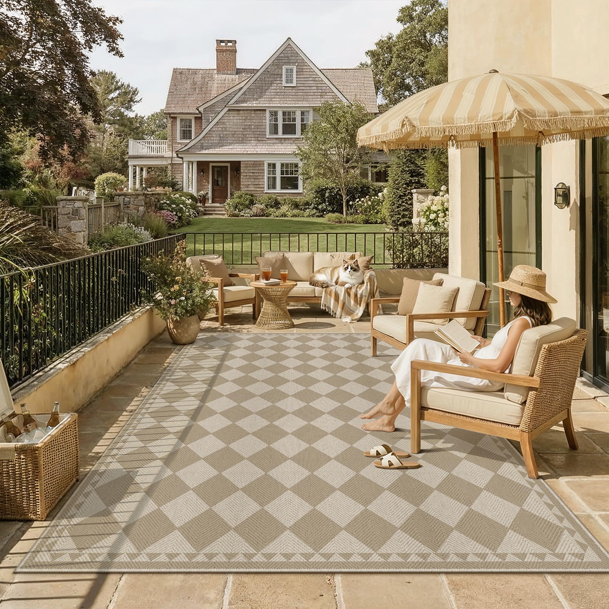 hugear 9x12 outdoor rug brown/beige linen-look fabric checkered area rug high traffic stain resistant easy clean durable rugs for indoor/outdoor patio deck balcony porch garden courtyard