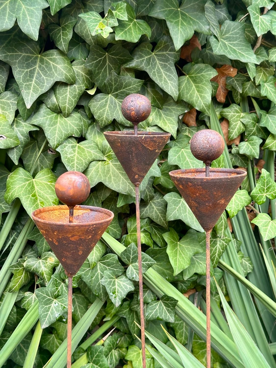 Set of 3 Rusty Metal Flowers, Garden Decorations, Handmade Outdoor Decor for Backyards, Rustic Landscaping, Garden Art, Bee Butterfly Cups
