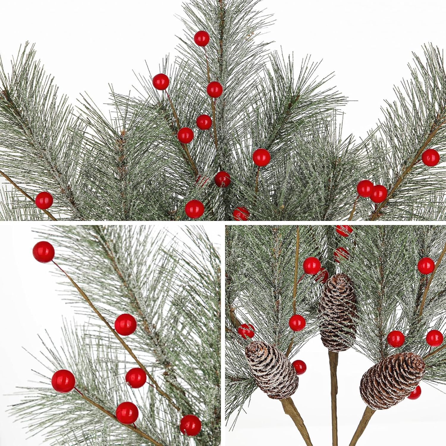 Oairse 3 Pcs Christmas Artificial Pine Branches 18.9 inch Pine Needles Stems Christmas Greenery Picks with Red Berries Pinecones Picks Spray Xmas Tree Branches for Xmas Vase DIY Craft Holiday Decor