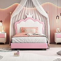 Vista 3 de Elegante cama de princesa tapizada de tamaño individual con cabecera corona, plataforma de piel sintética con soporte resistente de listones