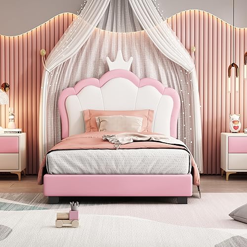 Miniatura 3 de Aiuyesuo Elegante cama de princesa tapizada de tamaño individual con cabecera corona, plataforma de piel sintética con soporte resistente de
