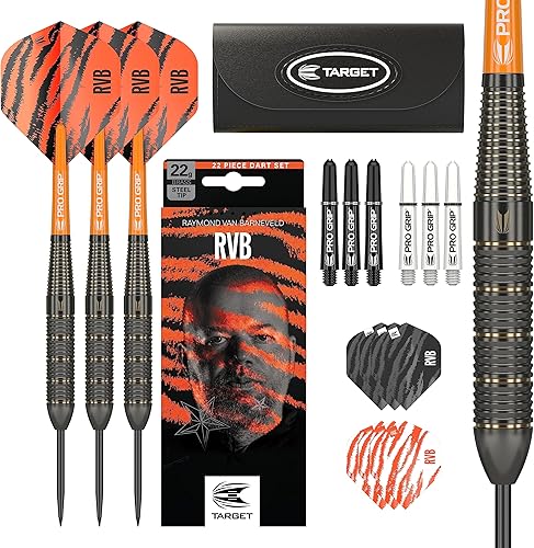 Target Darts Raymond Van Barneveld RVB 22G - Juego de dardos con punta de acero de latón con accesorios adicionales, paquete de regalo
