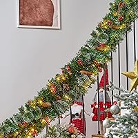 Vista 7 de Joiedomi - Guirnalda de Navidad de 9 pies preiluminada con 50 luces de cadena, cerdas, conos de pino, bayas de acebo para decoraciones de invierno