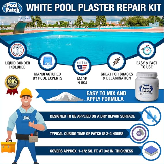 Pool Patch White Pool Plaster Repair Kit (3lb) Professional Cement-Based Marcite & Gunite Patch Includes Liquid Bonding Agent Permanent Pool Surface Crack & Chip Repair