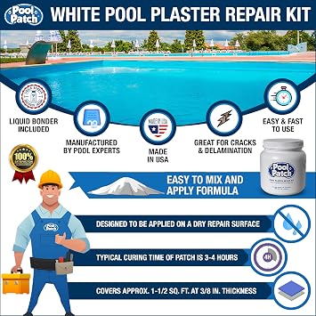 Pool Patch White Pool Plaster Repair Kit (3lb) Professional Cement-Based Marcite & Gunite Patch Includes Liquid Bonding Agent Permanent Pool Surface Crack & Chip Repair