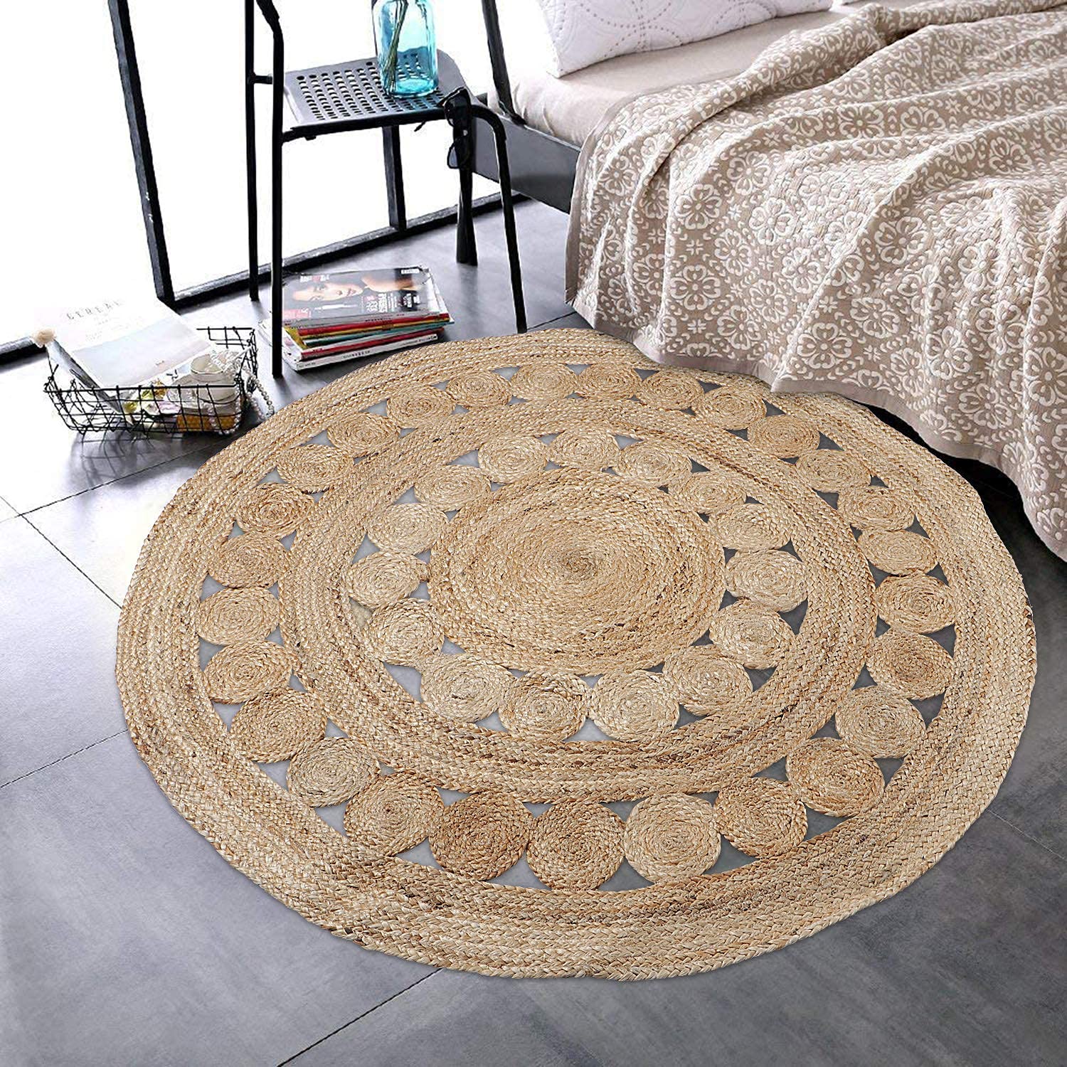 MTZ Makeup Toy Natural Handwoven Rug Yarn Rustic Vintage Braided Reversible Seagrass Bedroom Carpet Jute Hand Wooven Round Design Home Decor Doormat Floor Mat Rugs Pets Playing (120x120cm Big)