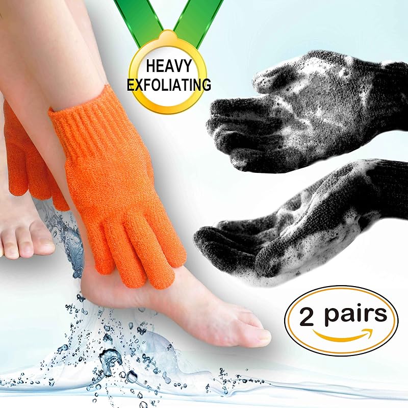 MIG4U Luvas de Banho em Nylon com Alça para Pendurar, 2 Pares, Preto e Laranja, Tamanho Regular