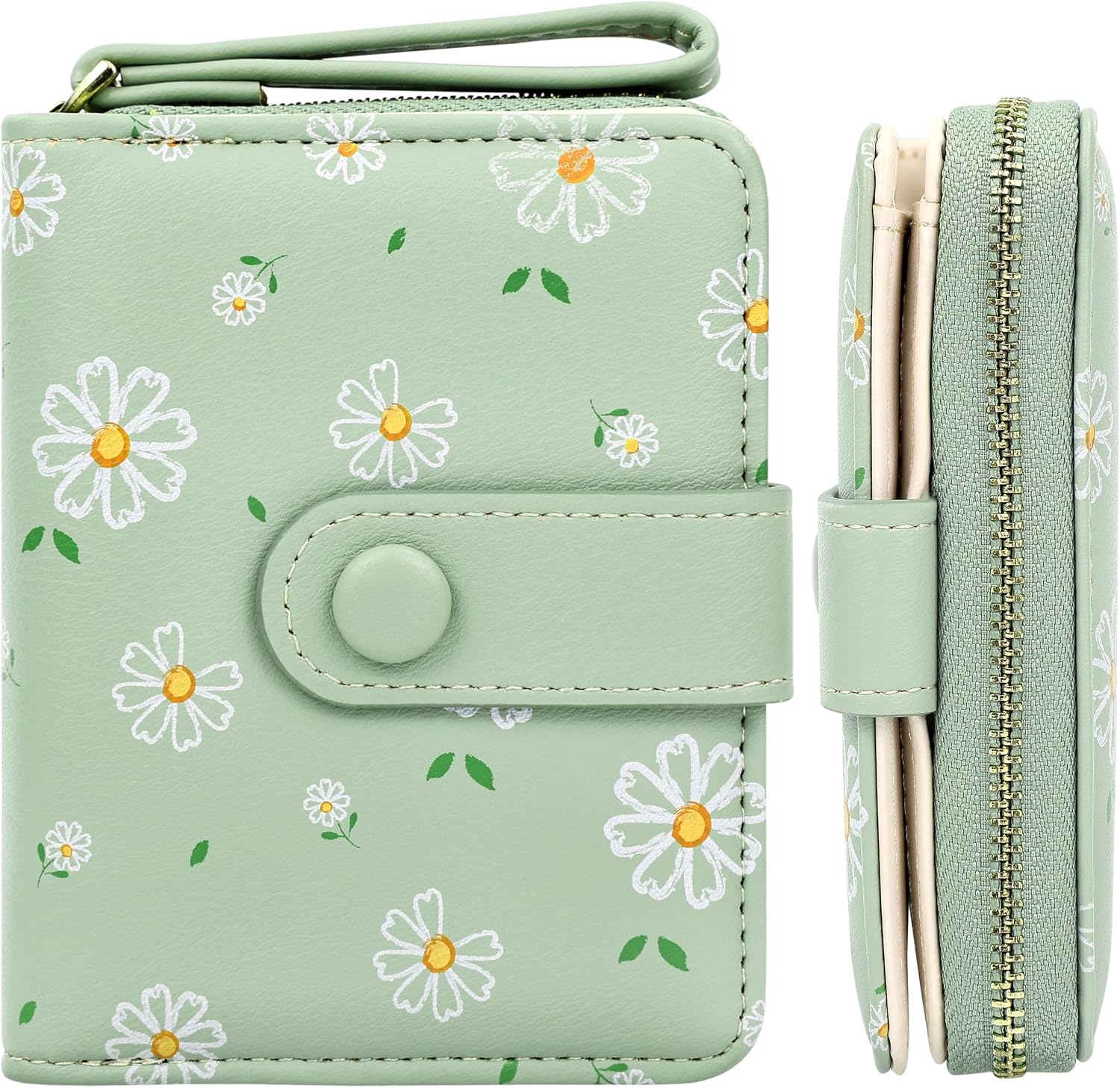 Farcauo Women's Purse Women's Purse Small Women's Purse Mini Purse Green Flower Design Wallets Women with ID Compartment and Card Sleeves Small Wallet