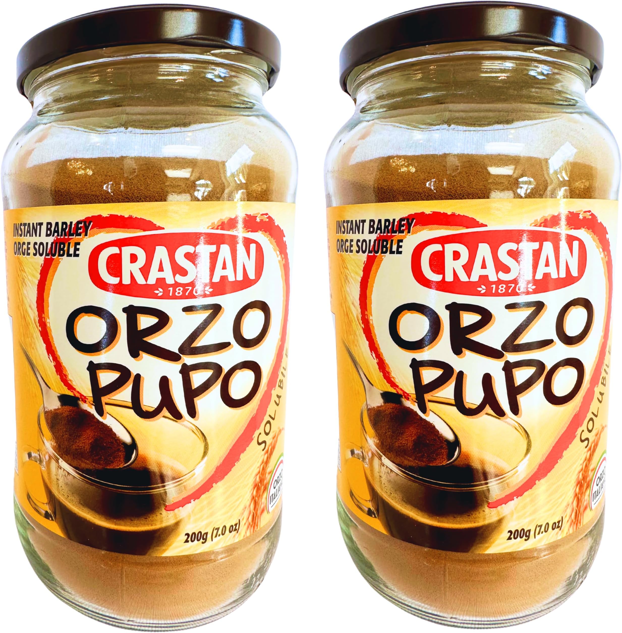 Crastan 1870 Instant Barley Coffee Substitute 7.05 oz. (200g)(Pack of 2) Roasted Ground Barley - Orzo Pupo Jar - Grain Coffee Substitute - Mugicha, Boricha, Damaicha, Cevada - Tea Beverage