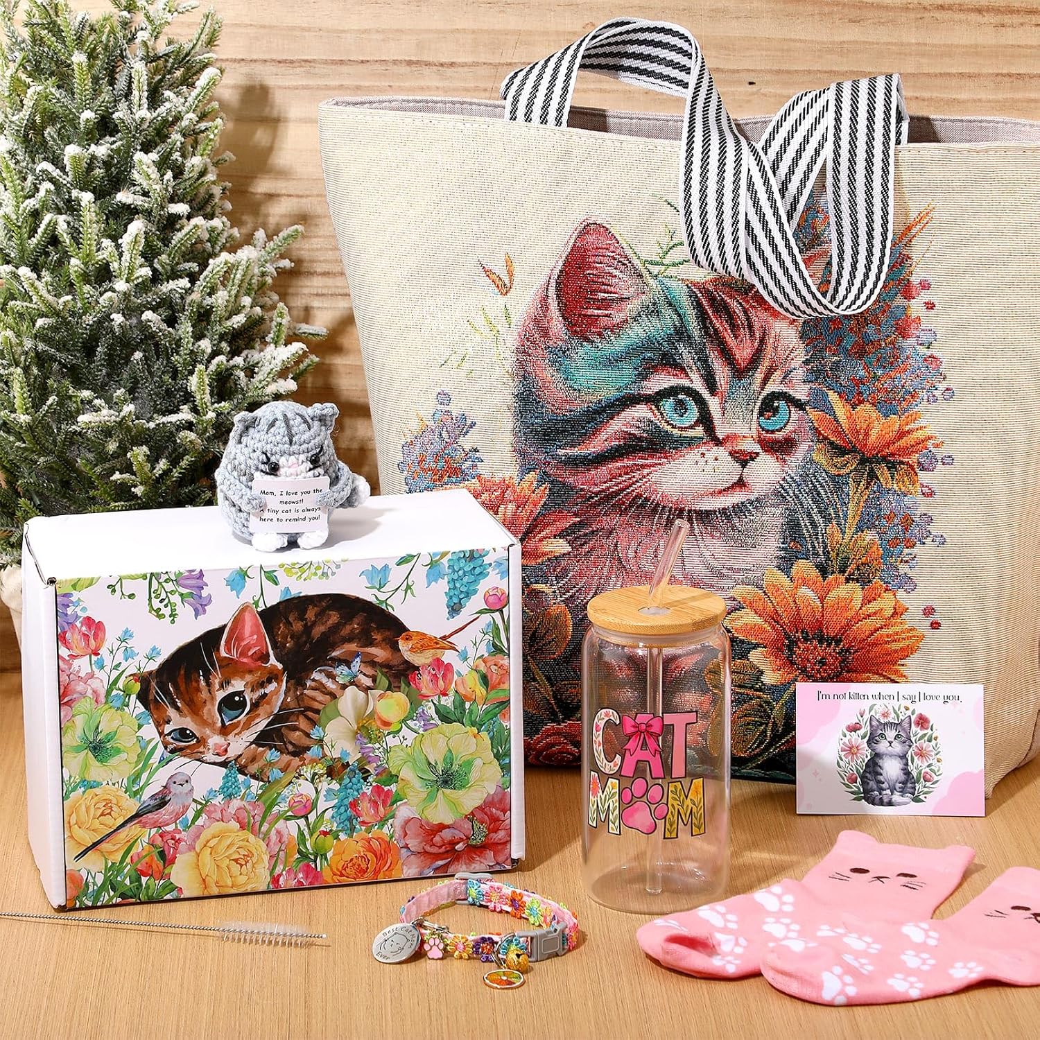 Sadnyy 8 Pcs Mother Day Cat Themed Gifts for Women Cat Lover Funny Crazy Mom Gift Box Basket Set 16 oz Glass Cup Tote Bag Crochet Animal Keychain Stuff Present for Lady People Who Love Kitten Birthday