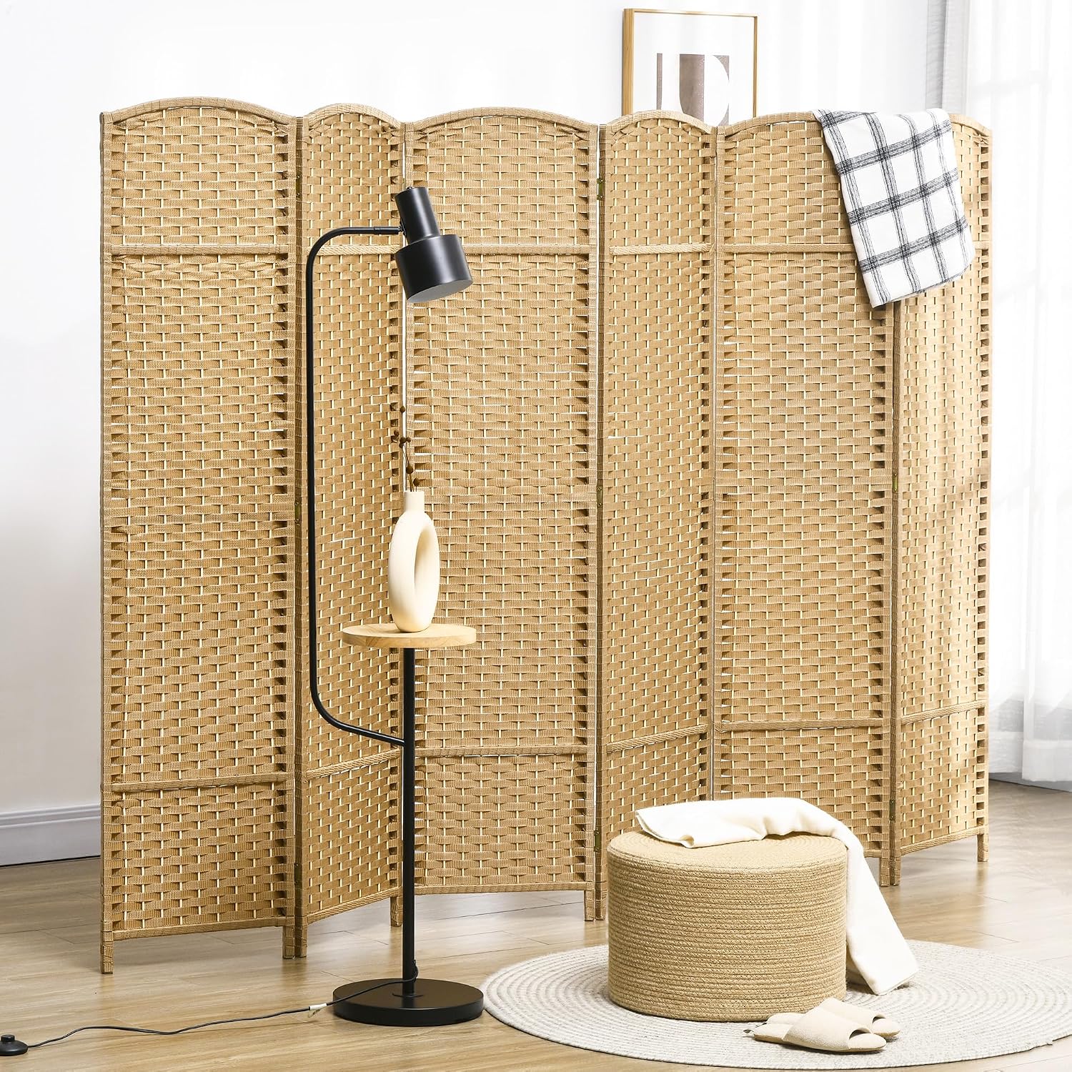 HOMCOM Paravent Interieur en Bois 6 Panneaux 240 x 170 cm Naturel | Séparateur de Pièce Pliable, Finition Tissée, Closion de Séparation, Salon, Chambre À Coucher, Maison — vue 3