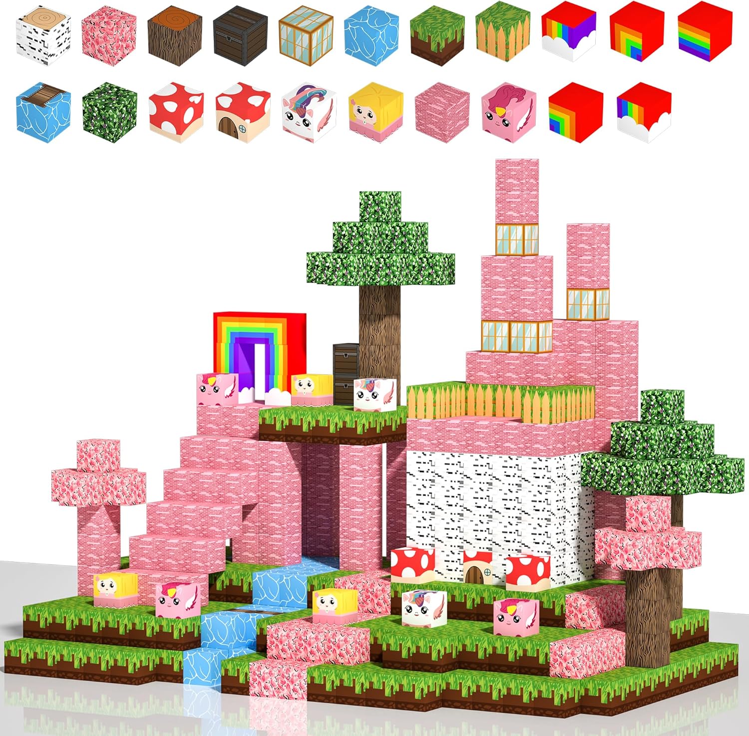 150PCS Magnetic Building Blocks for Kids - Unicorn Princess Pixel Magnetic Blocks 0.8in, Grassland Mine World Magnet Cubes Toys, STEM Sensory Toys for 3 4 9 10 Year Old Girl Christmas Birthday Gifts