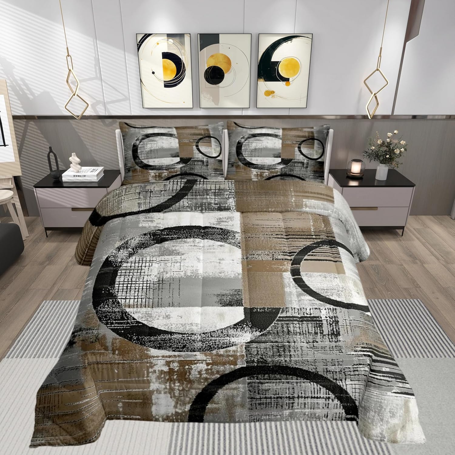 Feelyou Abstract Kids Comforter Set Queen Size Modern Abstract Art Bedding Set Geometric Duvet Quilt for Kids Boys Girls Bedroom Luxury Decor Umber Ultra Soft