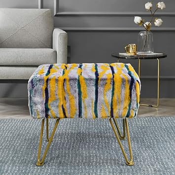 Home Soft Things Faux Fur Multi Jacquard Ottoman 19x13x17 Teal Yellow
