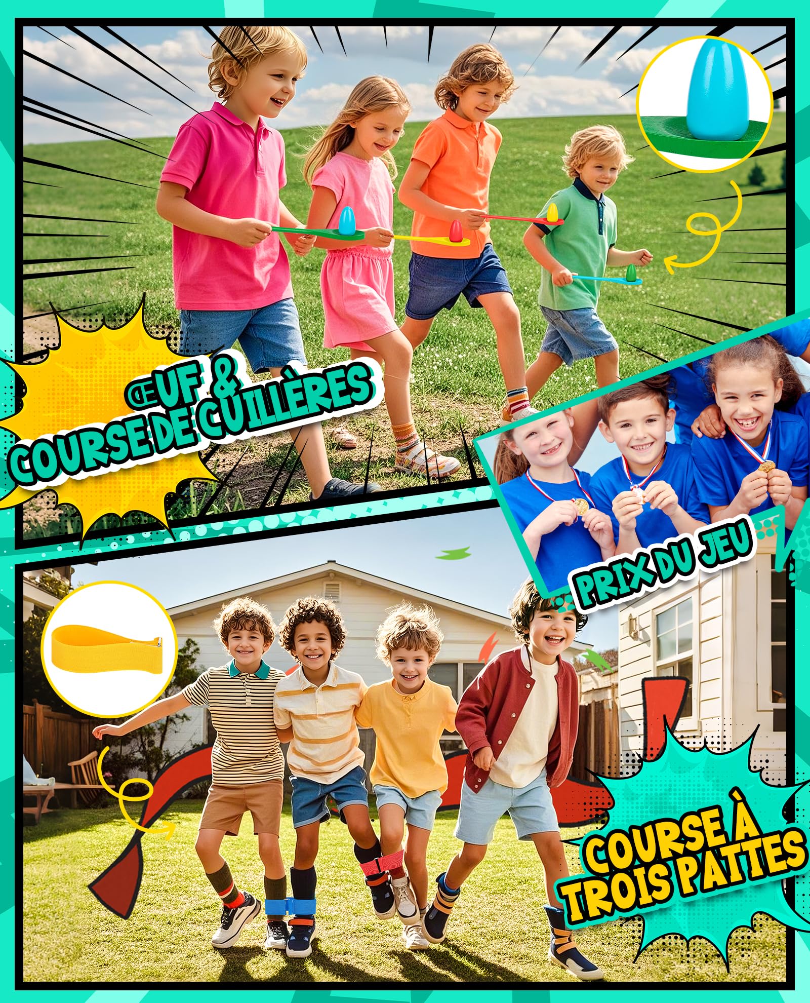 Eocolz Jeux de carnaval en plein air, sacs de pommes de terre, relais de cuillère, bandes de course 3 pieds, jeux de queue, fête d'anniversaire, journée de famille