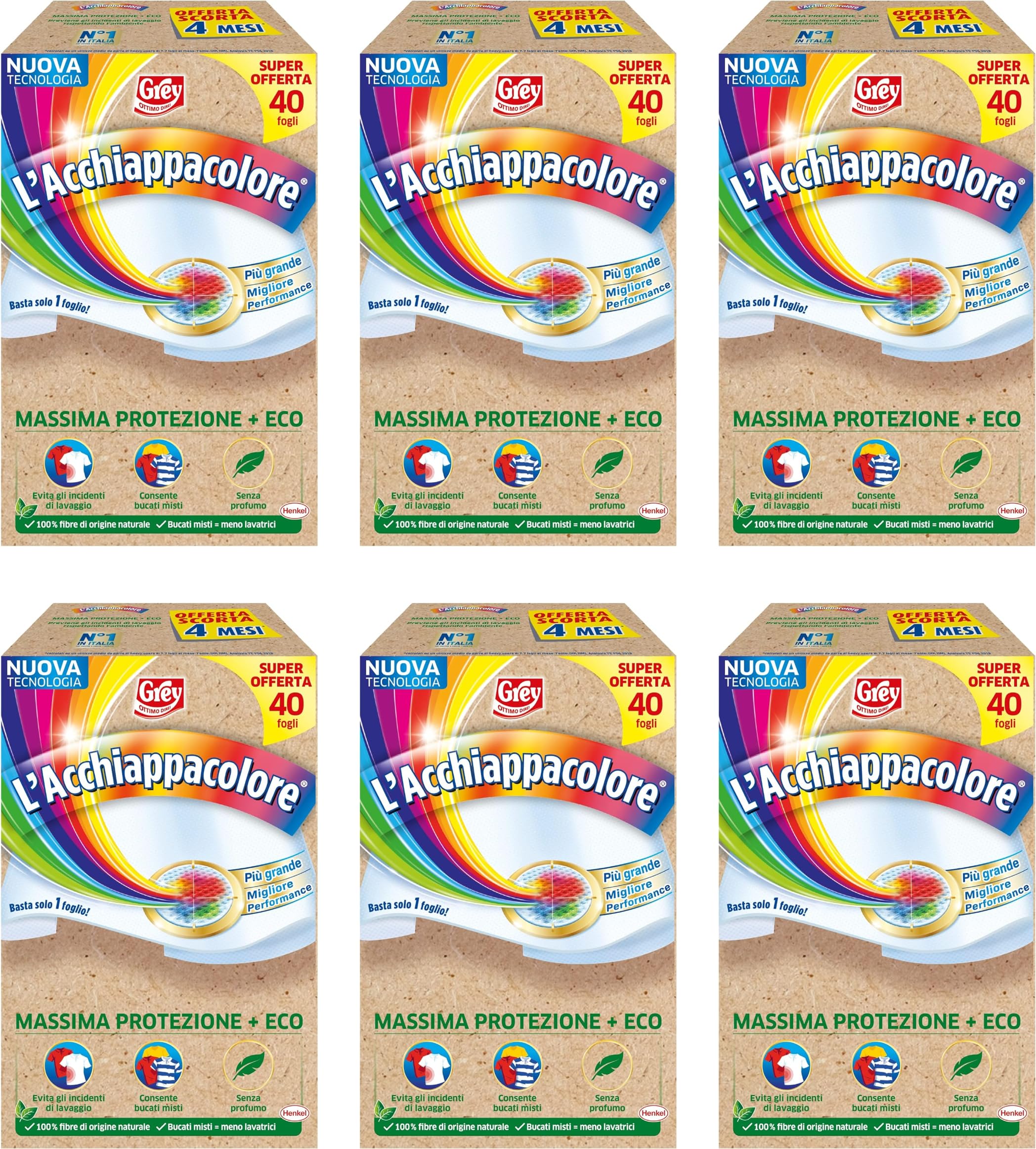 Grey L'Acchiappacolore Azione Completa+ ECO, Fogli Cattura Colore Lavatrice Evita Incidenti Lavaggio, Foglietti Acchiappacolore e Anti-Sporco, 6 Confezioni da 40 Fogli