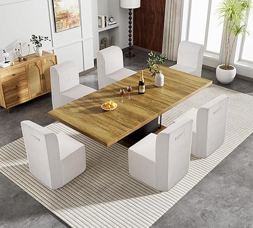 Miniatura 16 de Juego de mesa de comedor extensible marrón de 9 piezas para 8, 63-78.74 pulgadas, juego de mesa de comedor extensible de madera rectangular y sillas