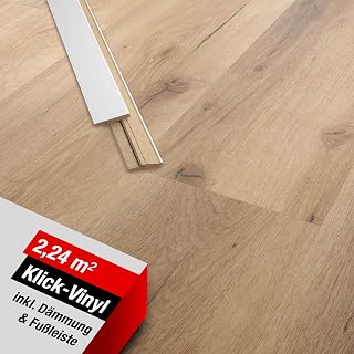 Klick Vinylboden mit Trittschalldämmung & Sockelleiste [2,24 m²] - wasserfester Vinyl Bodenbelag mit Klicksystem - 8 extrabreite Dielen in Holzoptik Eiche [Vancouver Creme]