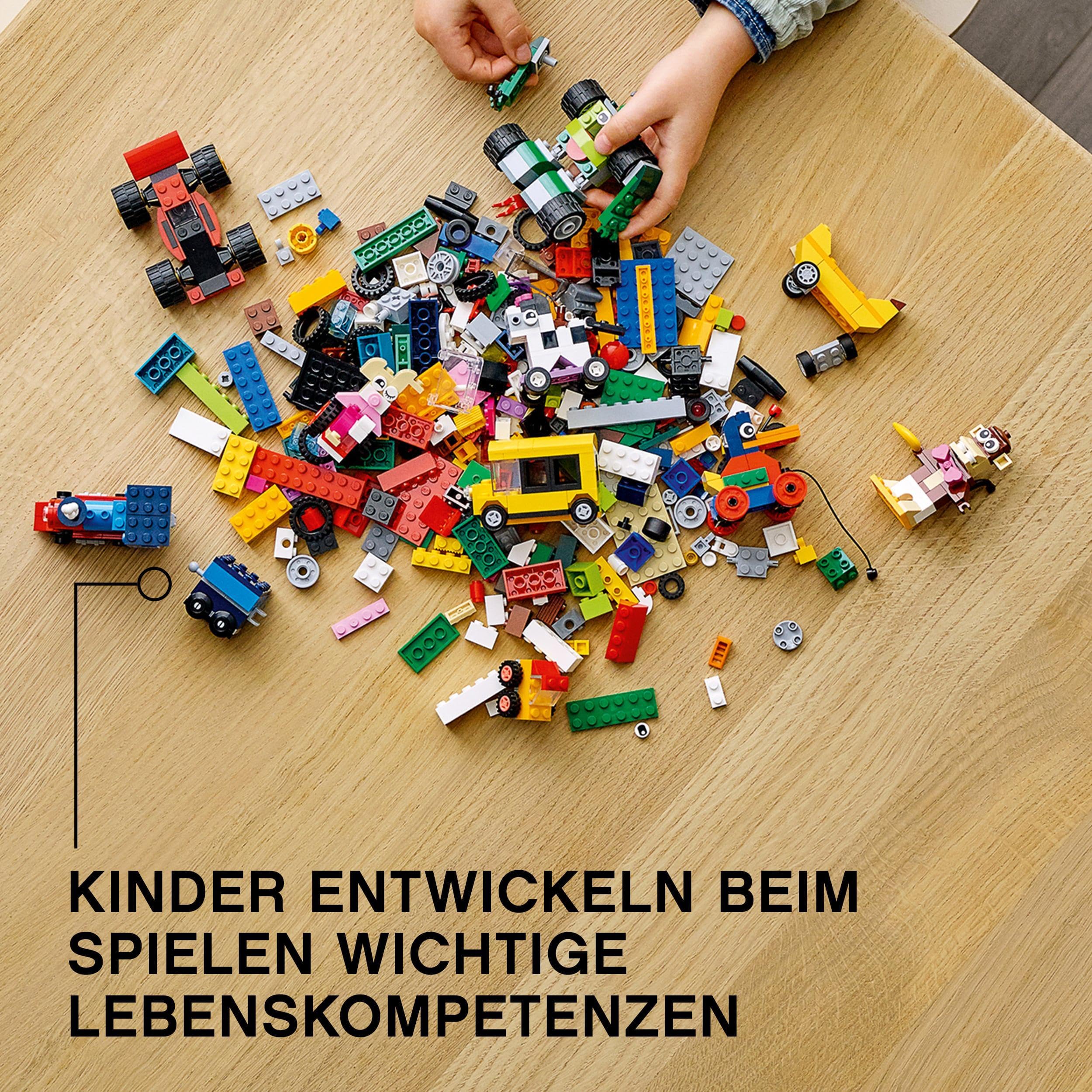 LEGO 11014 Classic Steinebox mit Rädern, Bausteinen und mehr, Baue Spielzeugauto, Zug, Bus, Roboter und vieles mehr, Spielzeug für Kinder, Jungen und Mädchen ab 4 Jahren, Geschenkidee