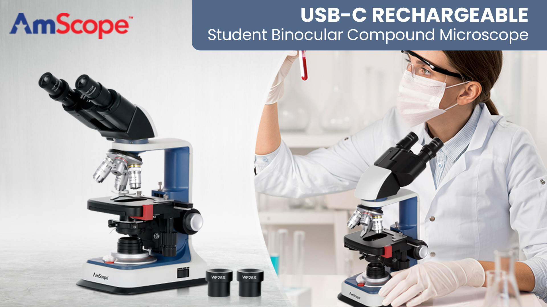 Image of AmScope B120C-R 40X-2500X USB-C Rechargeable Battery-Powered Student Binocular Compound Microscope w /3D Two-Layer Mechanical Stage, Achromatic Objectives, & LED Illuminator