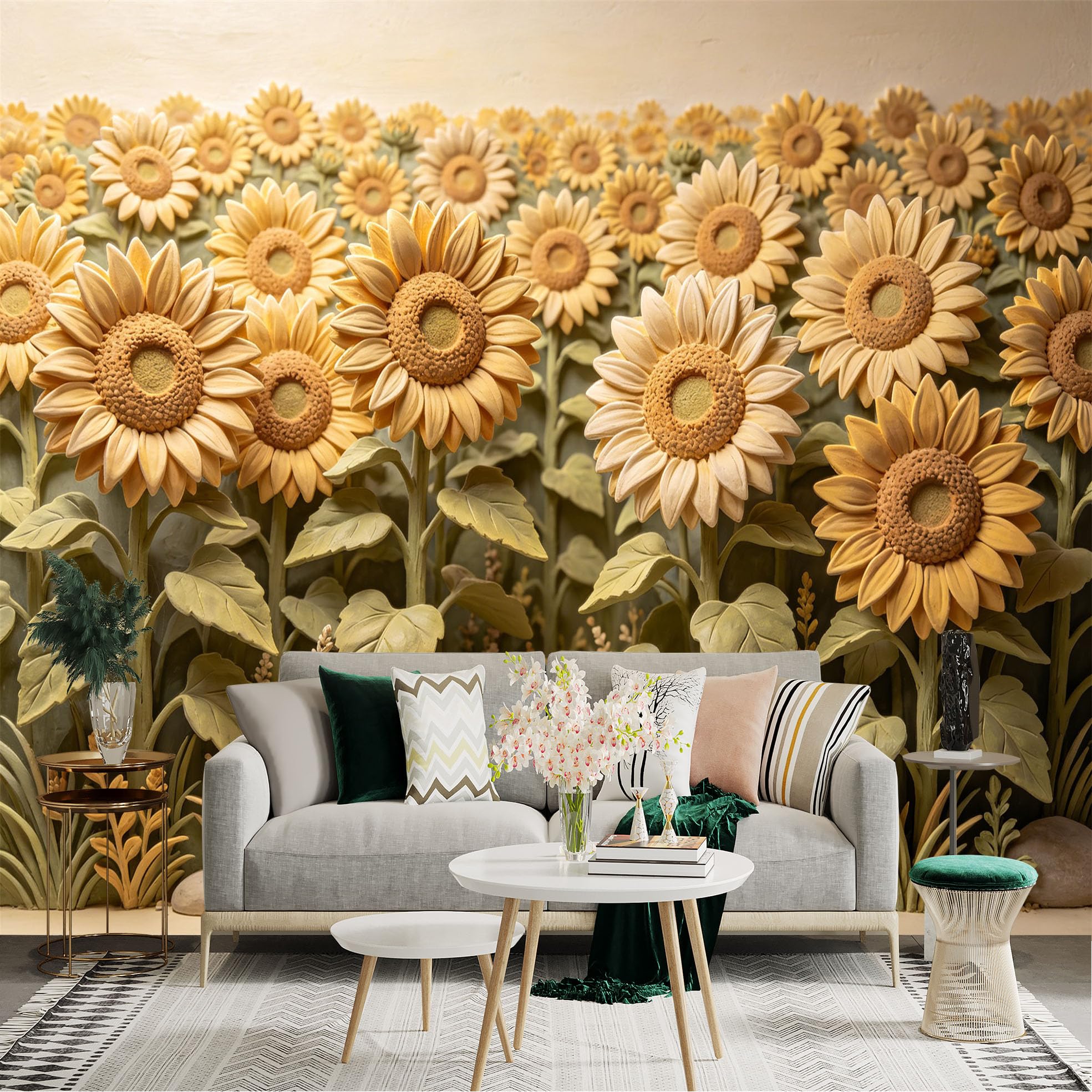 Lnzczhyre Dbh260521764 Custom Size Wall Sticker Mural， Textured Clay Sunflowers， Rustic Floral Field， Golden Plant Blossom， Sculptural Garden Art， For Wall Decoration， Peelandstick Wall Decals.