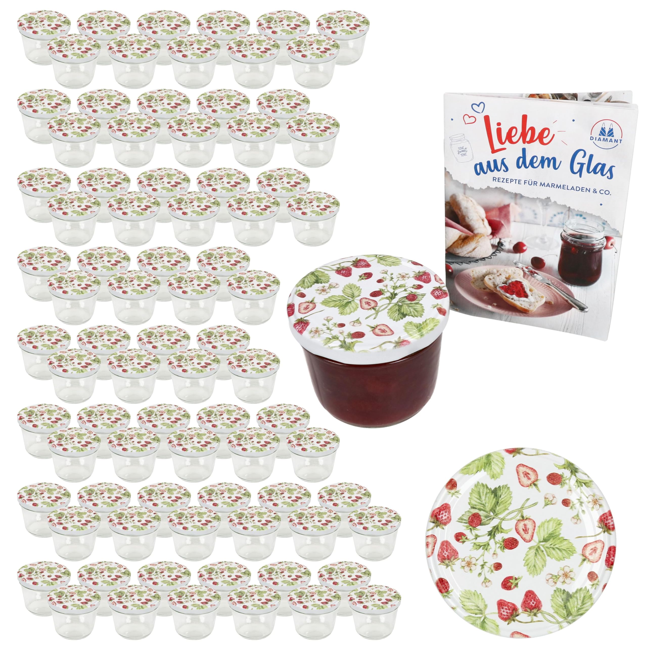 MamboCat 100er Set Sturzglas 230 ml mit Schraub-Deckel Wald-Erdbeere I Einmachgläser + to 82 Deckel mit Diamant-Zucker-Rezept I Vorratsgläser einkochen & konservieren