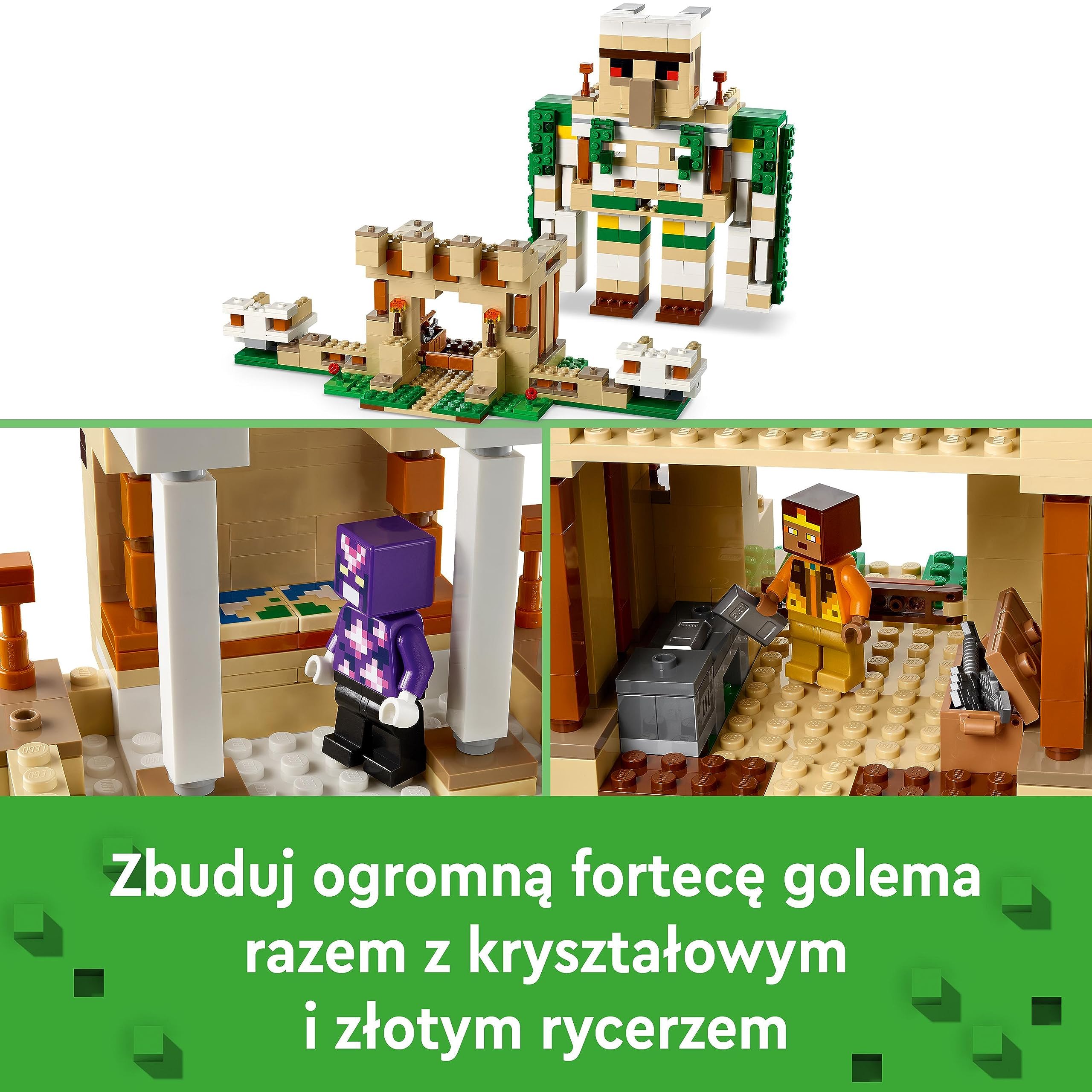 LEGO Minecraft Forteca żelaznego golema, zamek do zbudowania, przekształca się w dużą figurkę, 7 postaci, w tym Kryształowy Rycerz i Naładowany Creeper, zabawka dla dziecka, prezent dla 9-latka, 21250