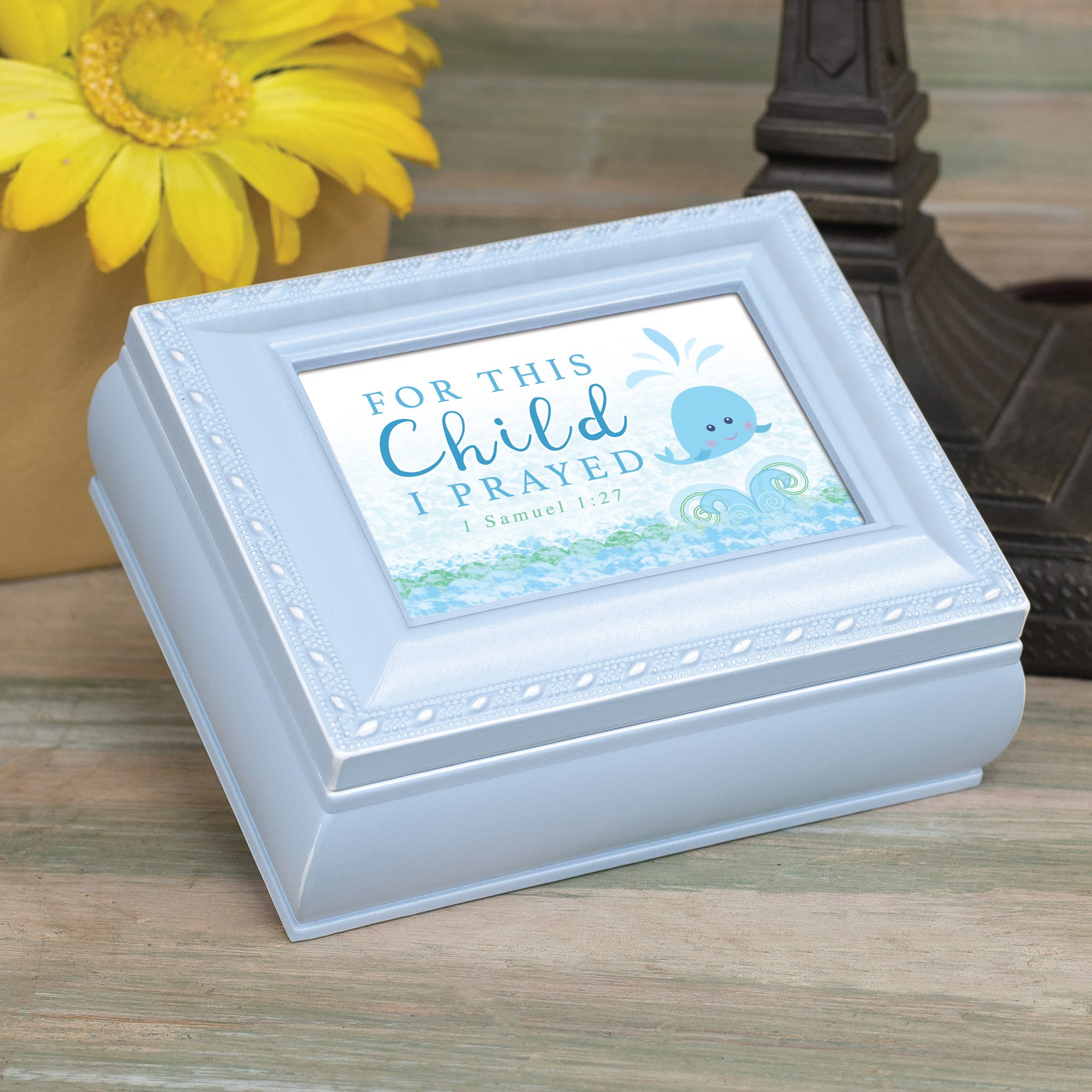 Caja de recuerdos cuadrada para bebé, diseño de cuerda azul con texto "For This Child I Prayed"