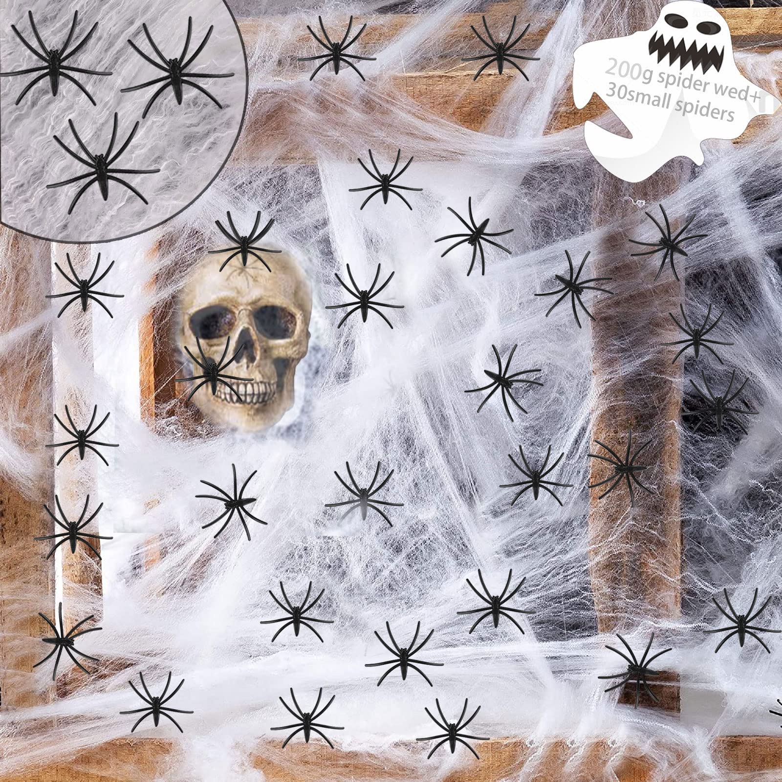 Set di decorazioni per Halloween, 200 g, ragnatele estensibili e 40 ragni artificiali, casa infestata e accessori per feste, atmosfera affascinante per la vostra festa di Halloween