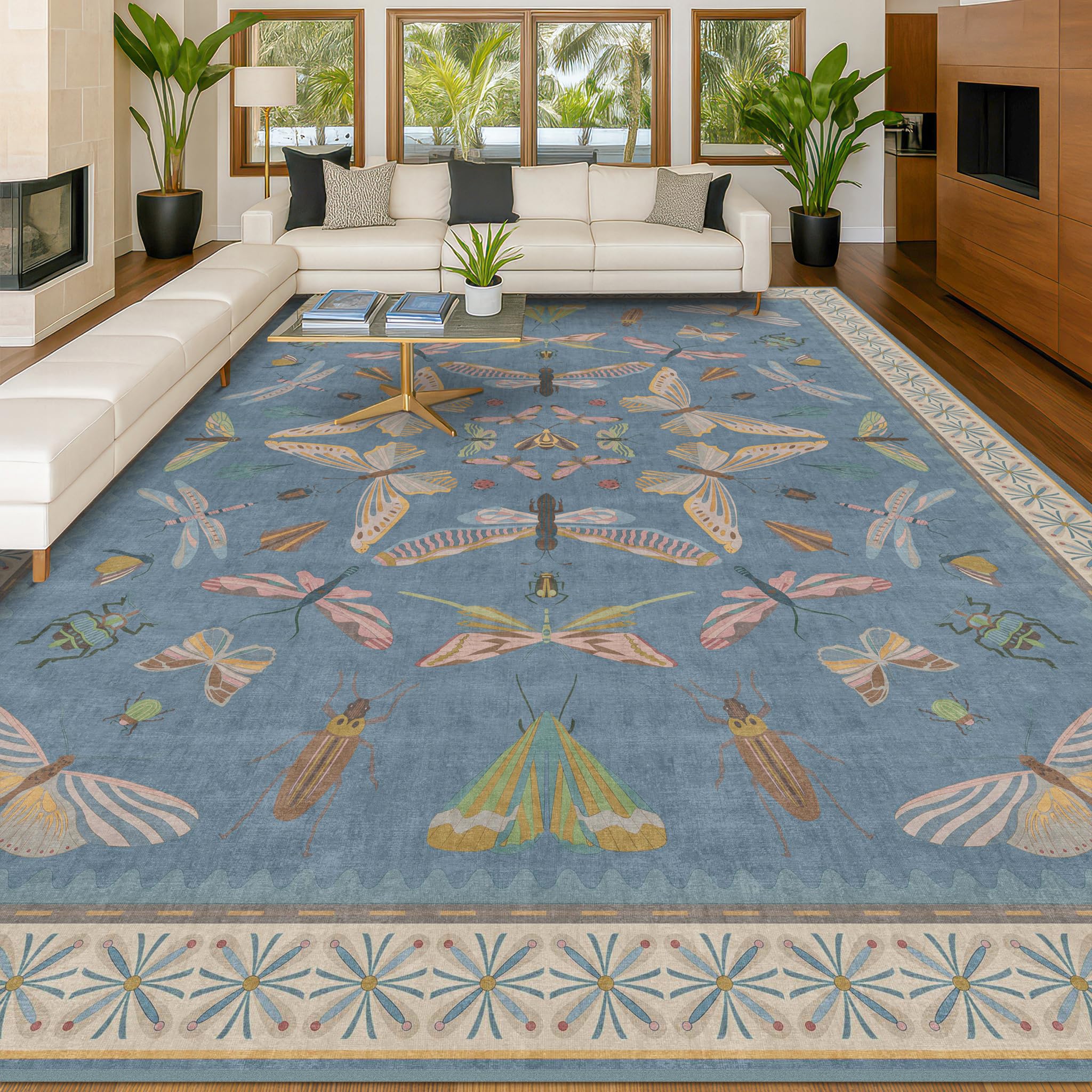 Blue Boho Rugs for Living Room - 10x14 Extra Large Area Rug for Dining Room Bedroom Playroom Guest