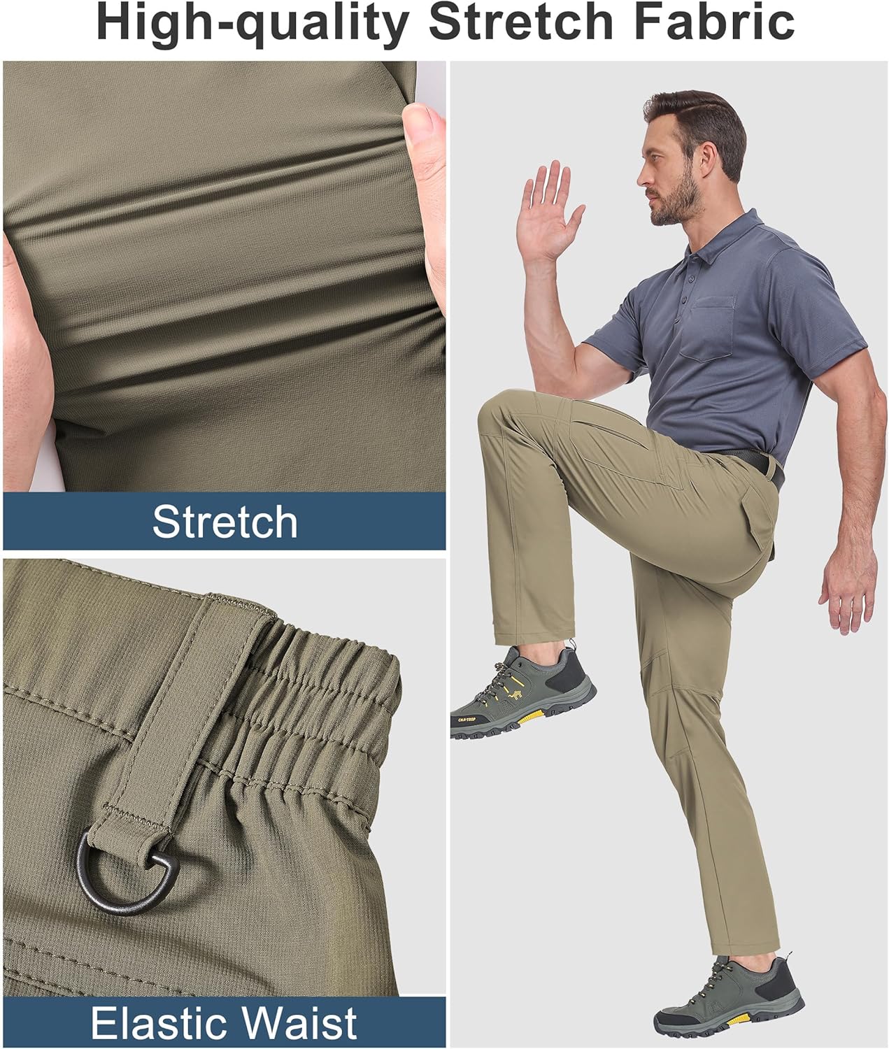 Mens Hiking Pants Waterproof Cargo Work Pants Lightweight Nylon Quick Dry Outdoor Travel Pants 6 Pockets