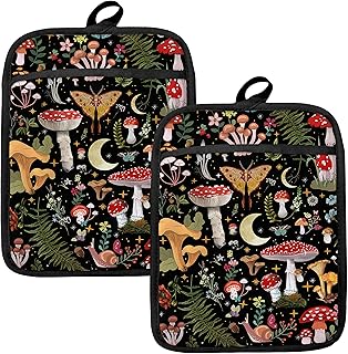 Mushroom Oven Mitts Set, Vintage Mushroom Moth Botanical Floral Heat Resistant Kitchen Oven Gloves for Baking and Cooking,Pot Holders