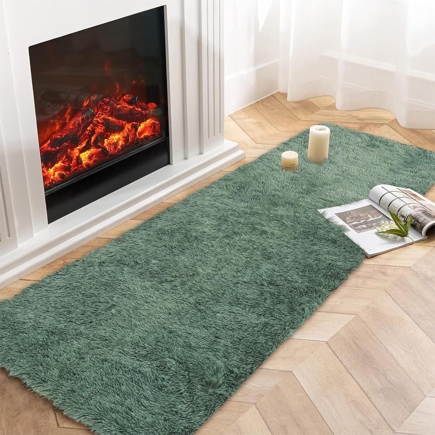 Garvee Soft Fluffy Runner Rug 2x8 for Hallway Bedside Long Runner Rug Non-Slip Tie-Dyed Plush Shag Runner Modern Solid Color Throw Carpet for Living Room Nursery Entryway Girls Kids Room, Mint Green
