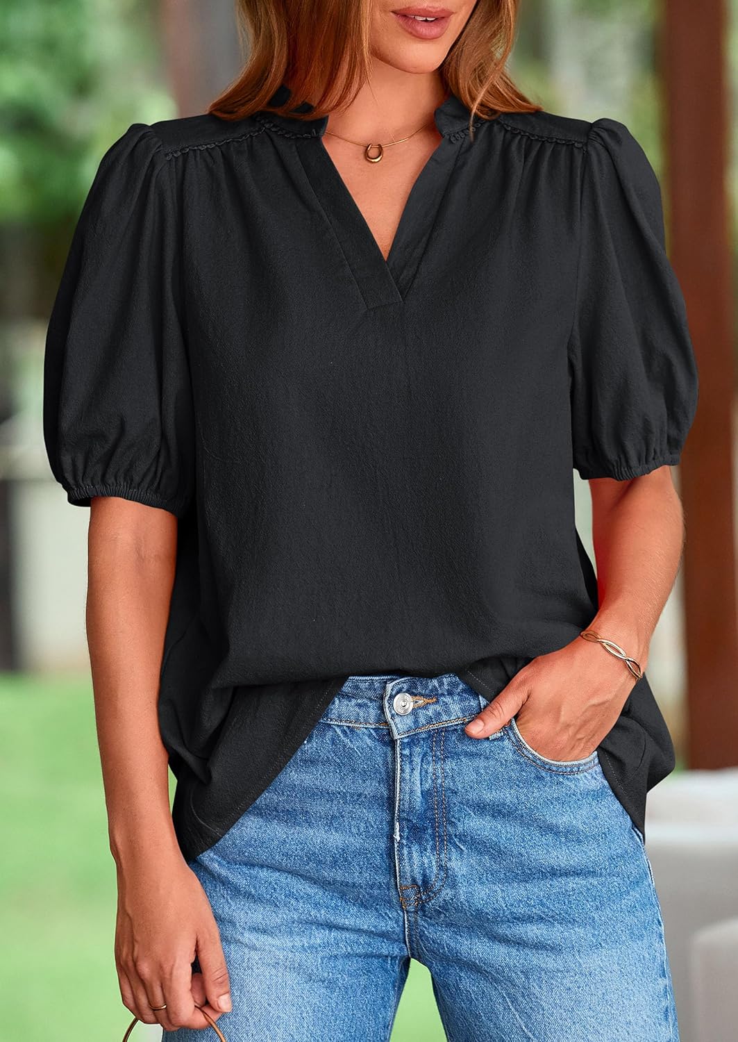 PRETTYGARDEN Womens Casual Summer Tops 2025 V Neck Short Puff Sleeve Pleated Cotton T Shirts Loose Dressy Blouses - Image 7