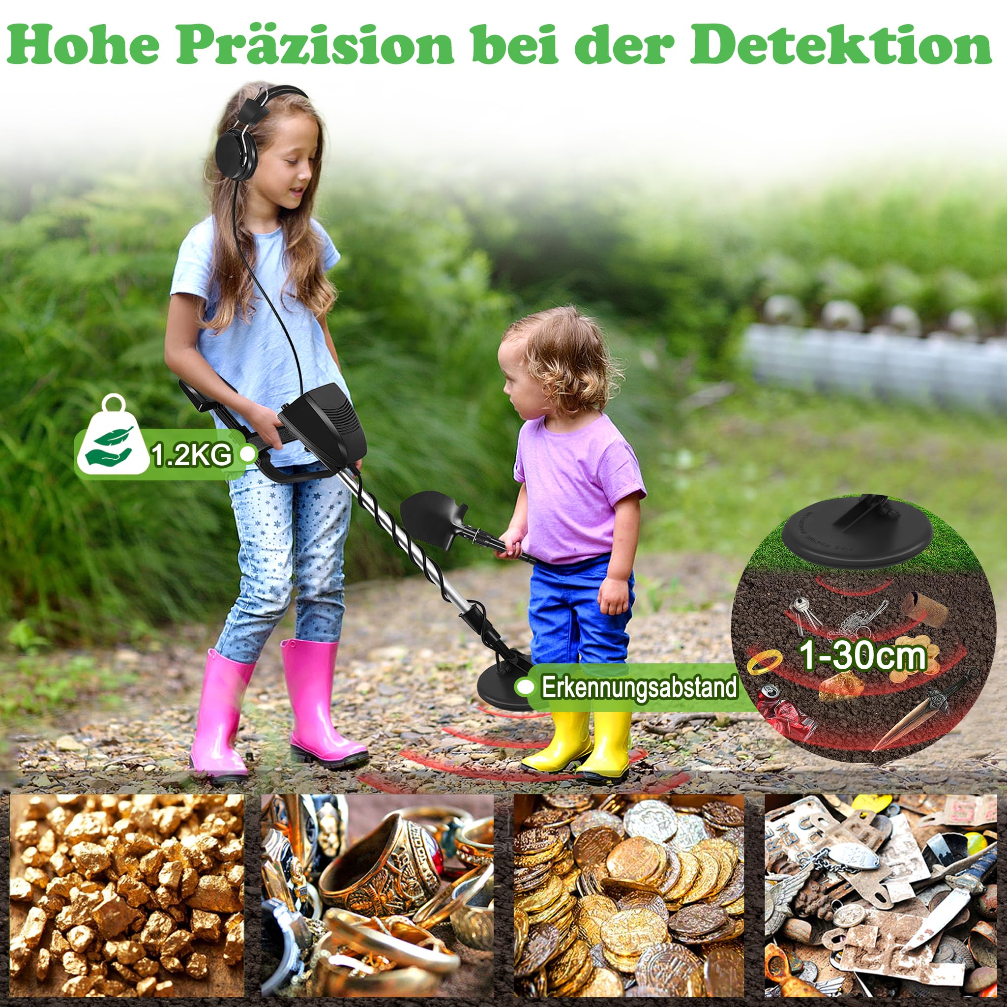 YRHome Kit de detector de metales para niños y adultos de hasta 30 cm, ligero, 78-107 cm, altura ajustable, 2 modos con bobina de búsqueda, bolsa de transporte y auriculares, dispositivo de búsqueda