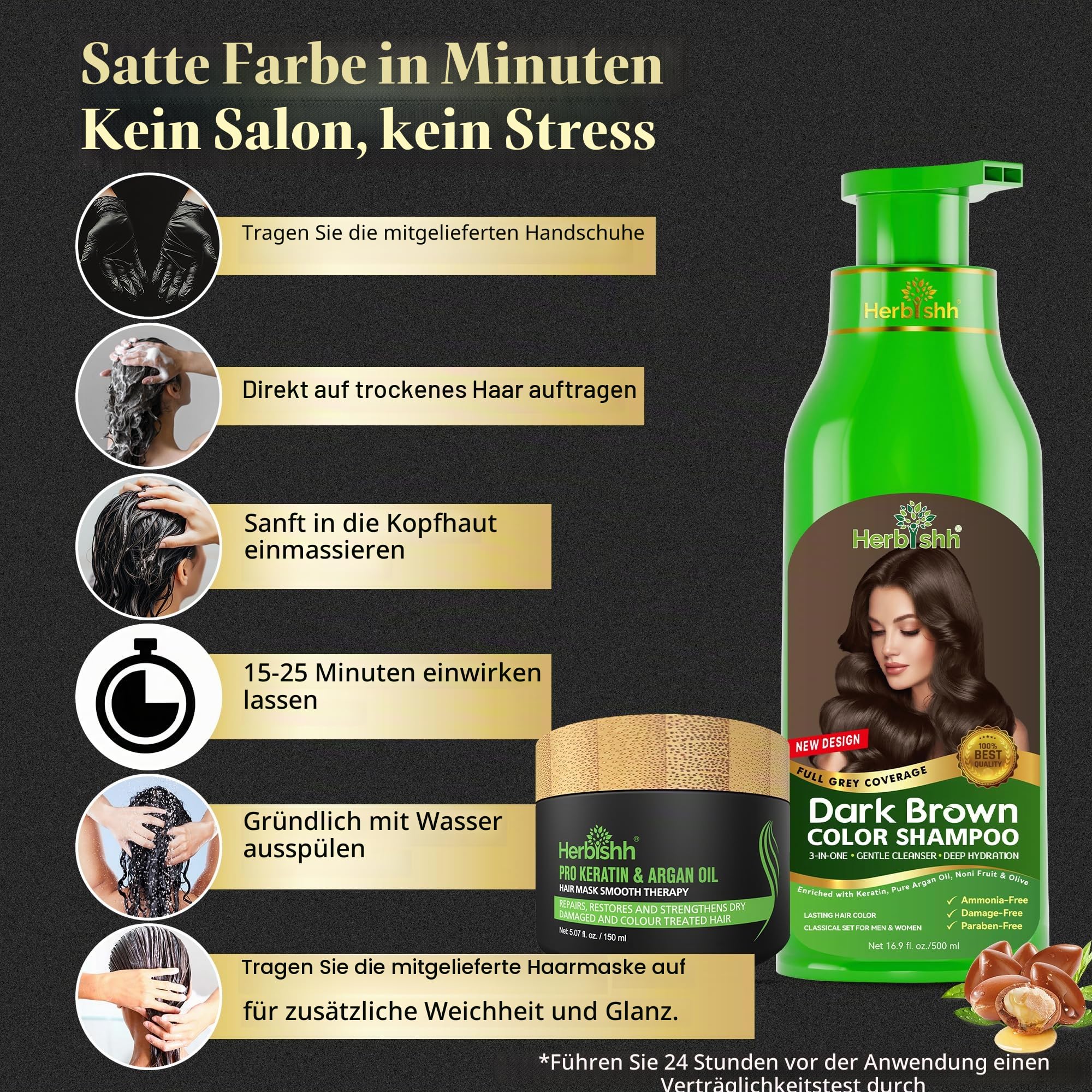 Herbishh Ultimate Hair & Color Kit (3pcs Color Shampoo Dye +1 Argan Oil Mask) Smooth & Long Lasting Shampoo for Grey Hair Men & Women Easy & Quick to Use-Combo4 (Dark Brown)