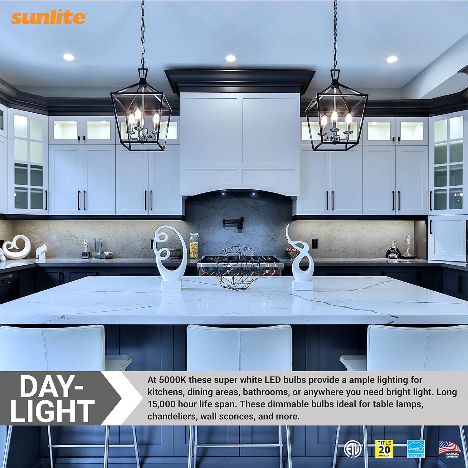 Sunlite LED B13 Torpedo Decorative Chandelier Light Bulb, 7 Watts (60W=), 500 Lumens, 120 Volts, Dimmable, E26 Base, 90 CRI, ETL Listed, Torpedo Clear, Title-20, 5000K Daylight, 6 Pack