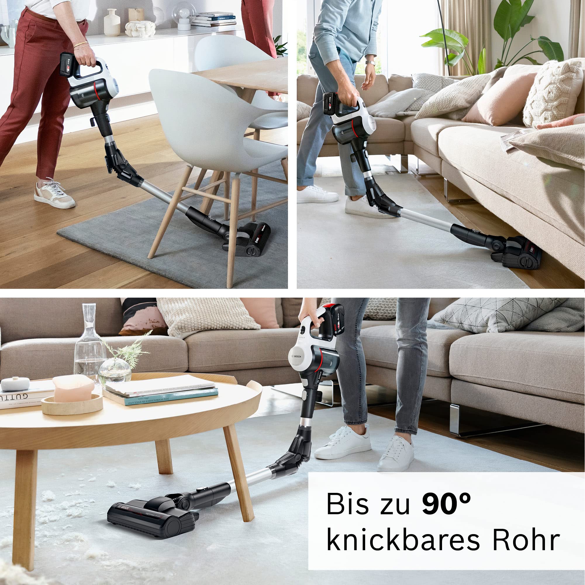 Bosch Akku-Staubsauger Unlimited 7 BSS715CARP, kabellos, Knickrohr, Hygiene-Filter, 10 Jahre Motorgarantie, 5.0 Ah Akku, Schnellladegerät, XXL-Polsterdüse, Turbostufe, Made in Germany, weiß