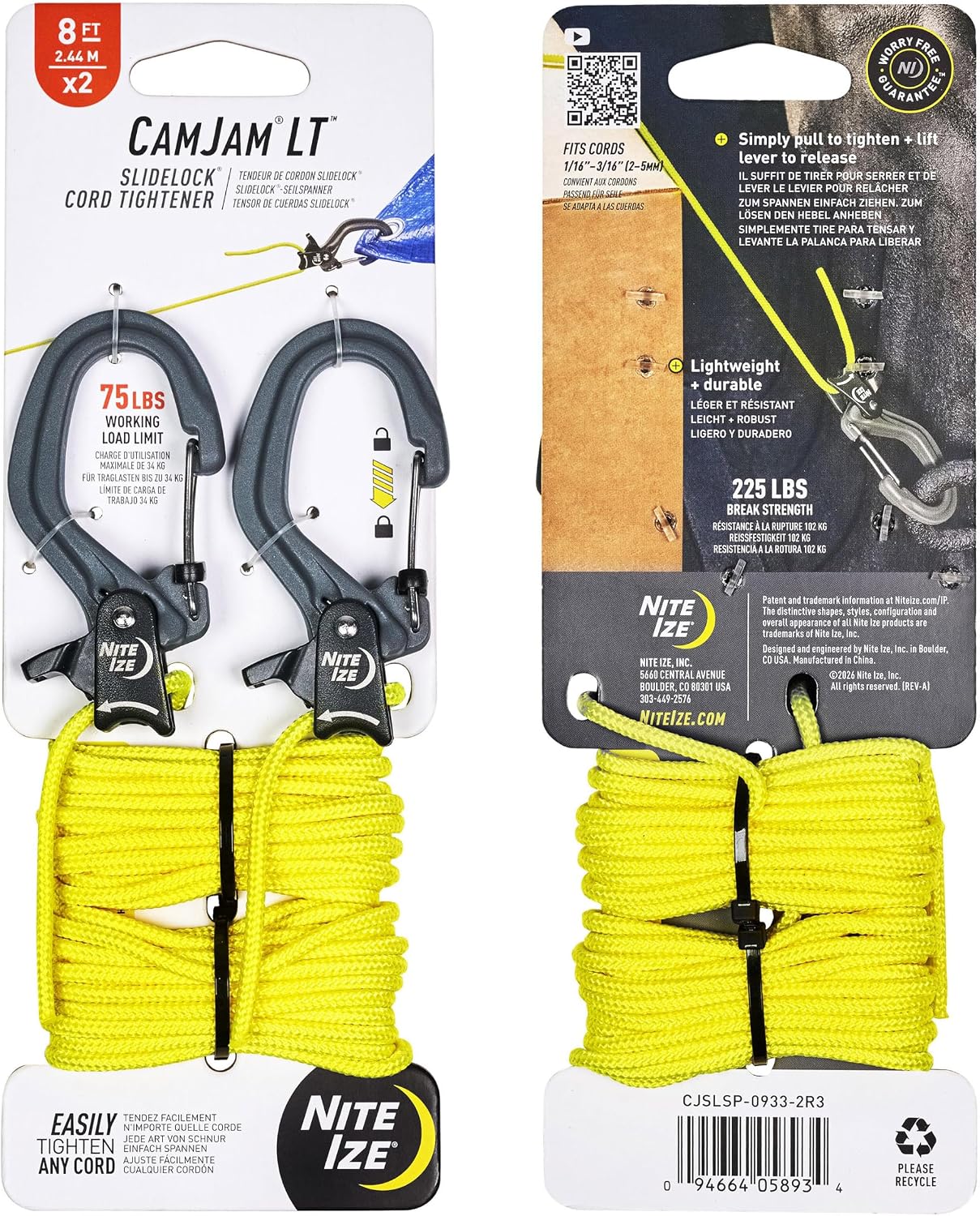 Nite Ize CamJam LT SlideLock Cord Tightener - 2 Pack Each w/ 8 ft. Cord
