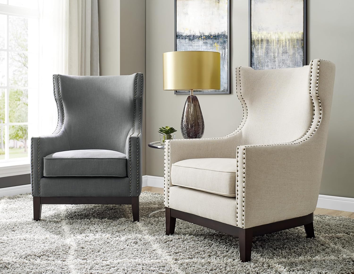Beige Linen Wing-Back Accent Chair with Nailhead Trim