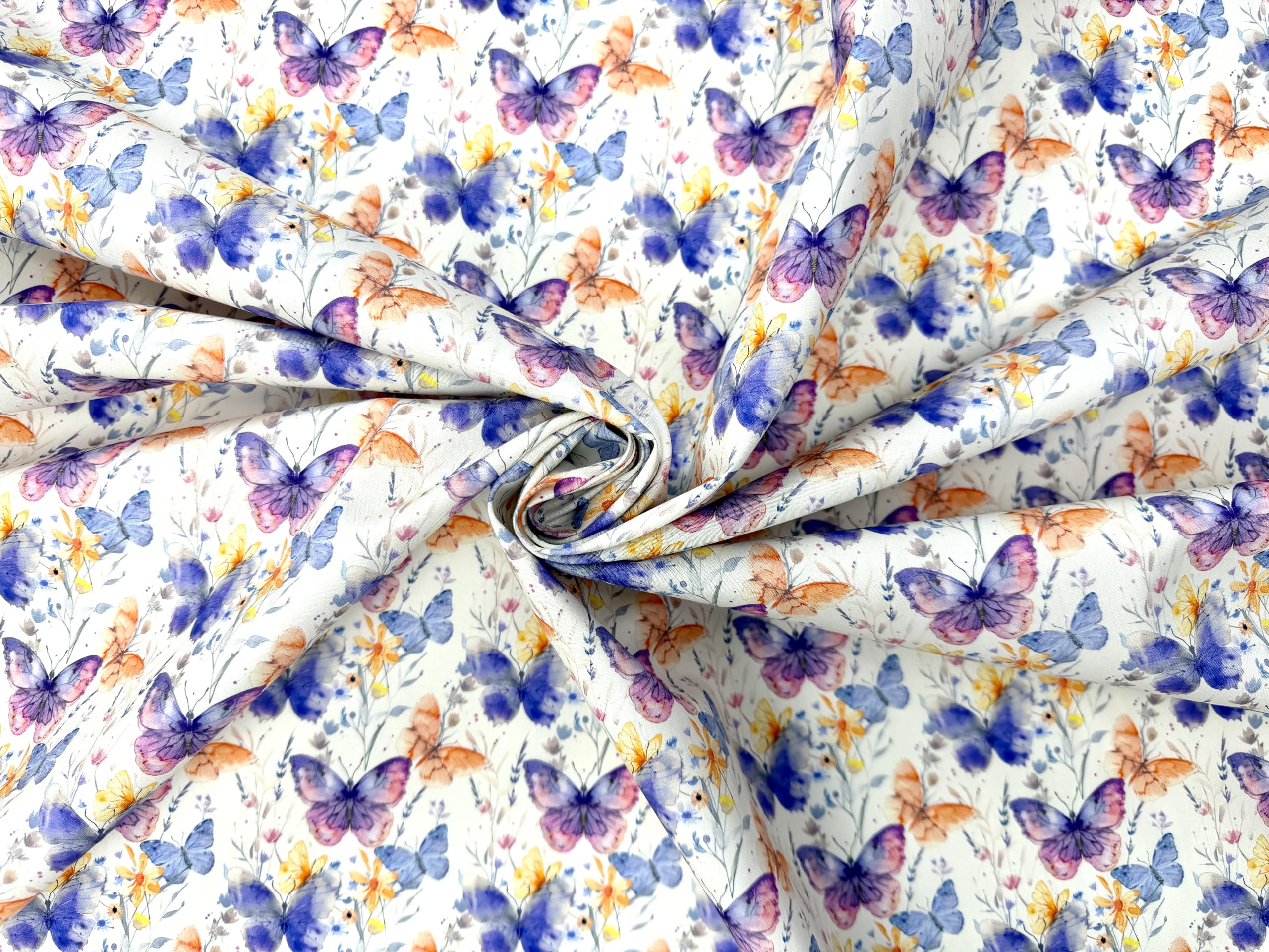 Pyrhan Butterfly Floral 100% Cotton Fabric By the Metre, Sewing Material 112 CM 45-inch Wide Print Cotton Material by the metre. Ideal to use with Any Lining Fabric, Making Fat Quarters
