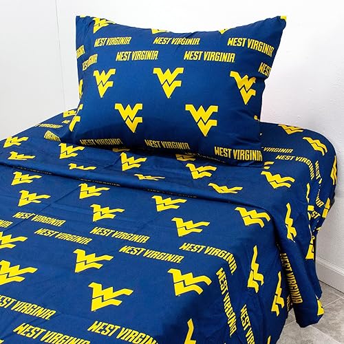 College Covers Everything Comfy West Virginia Mountaineers - Juego de sábanas de 4 piezas, tamaño King, fondo del color del equipo, 1 sábana