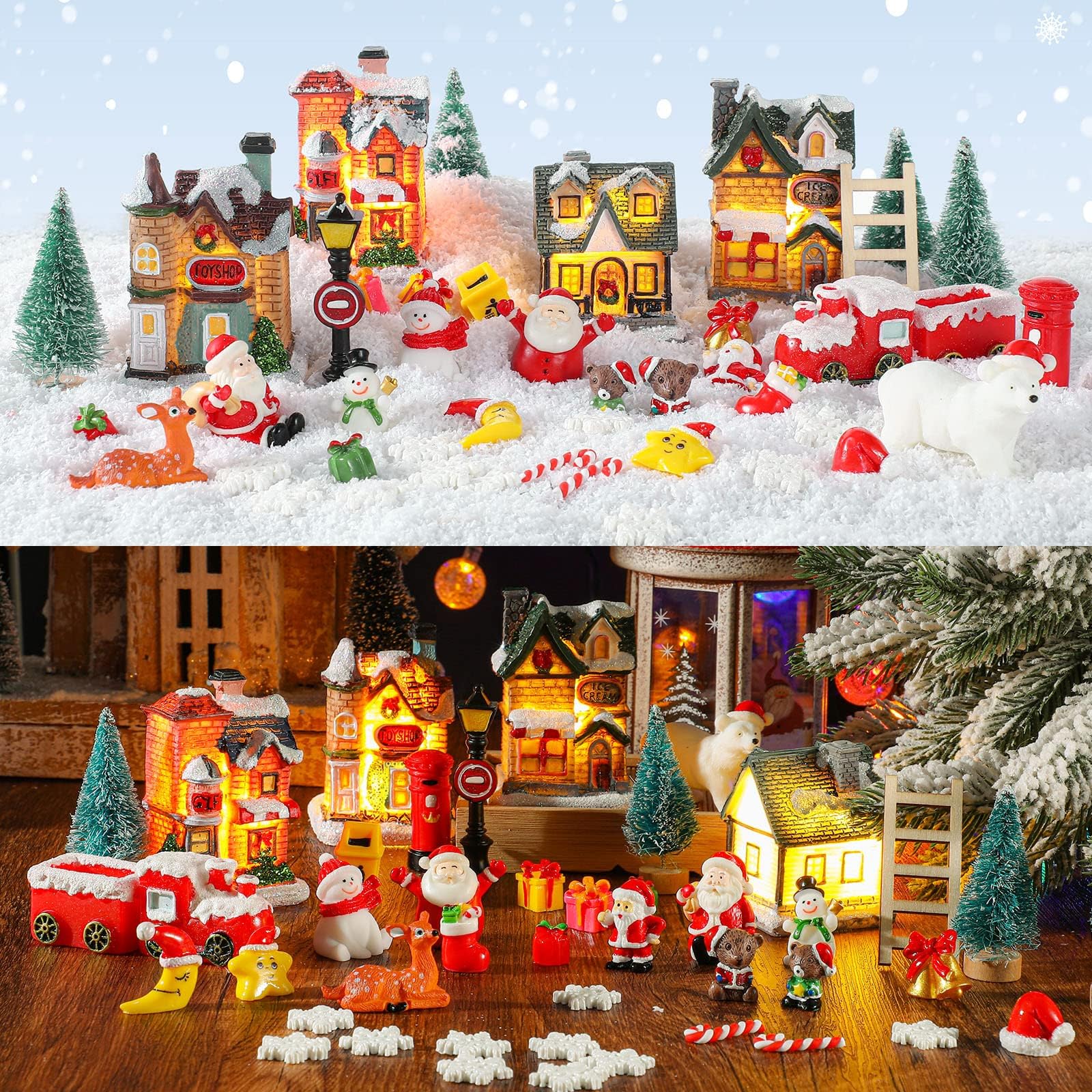 44 Pieces Christmas Light up Village Houses LED Lights Christmas Village Scene Display Tiny Resin Fairy Figurines Accessories Miniature Ornaments for Collection Table Decor