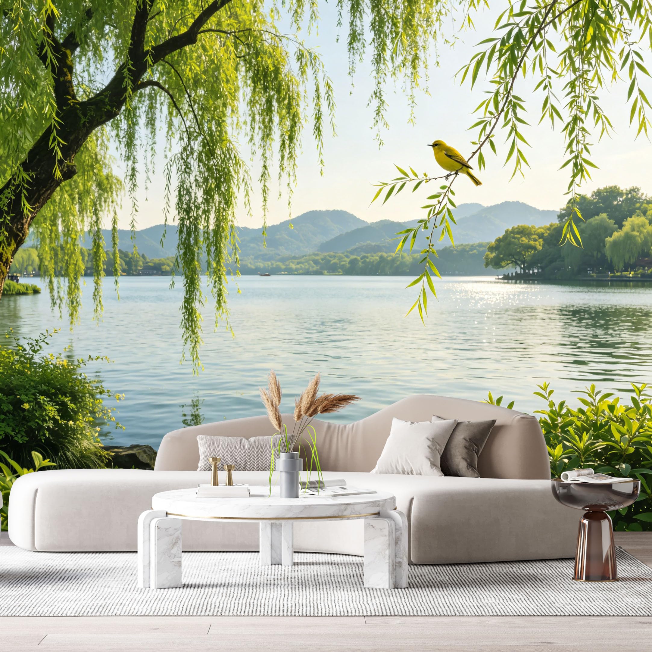 Custom Size Wall Murals Tranquil Lake Landscape Willow Tree Mountain View Bird Water Reflection SelfAdhesive Wall Fabric Removable Large Wallpaper for Photo Living Room