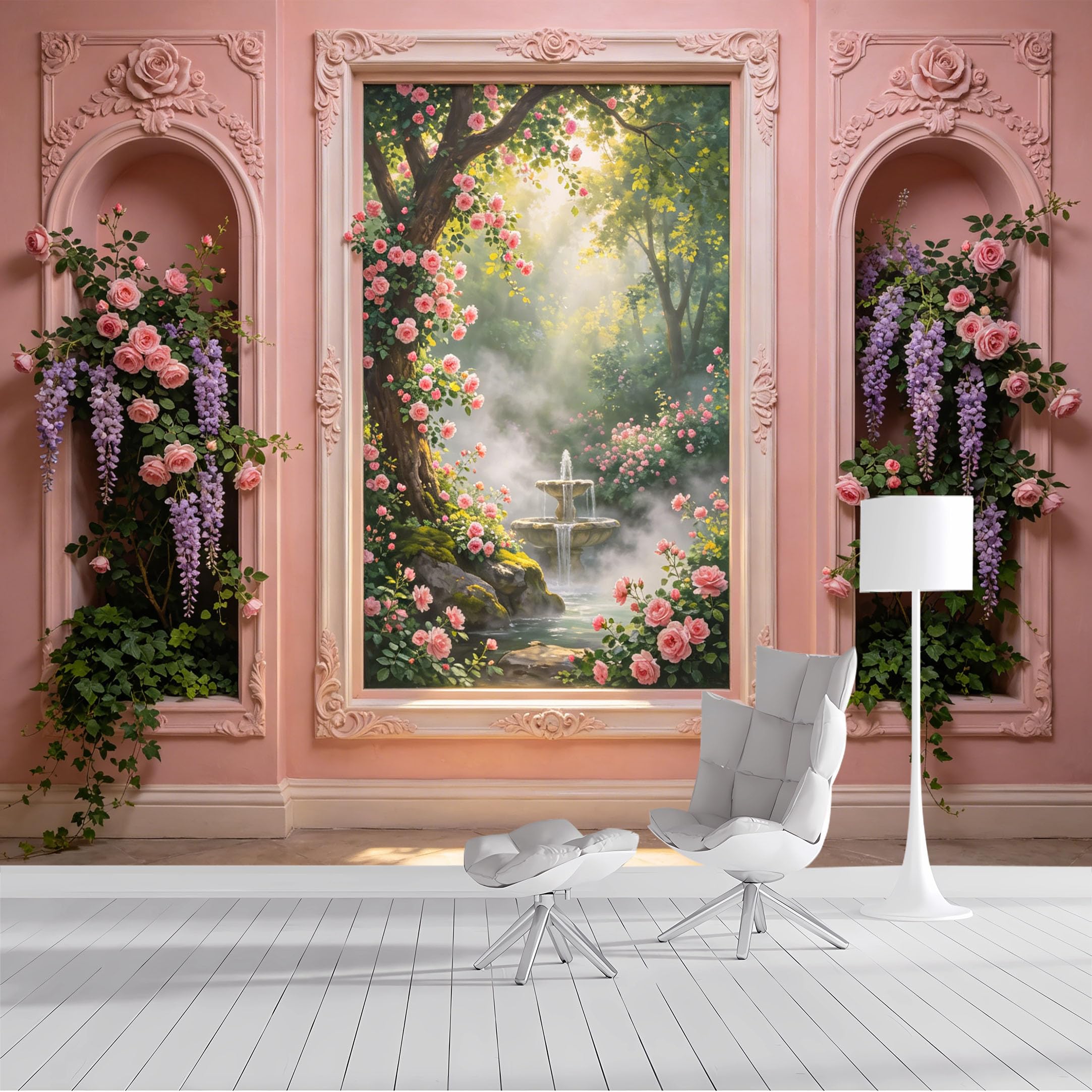 Custom Size Wall Mural Pink Rose Garden Fountain Neoclassical French Retro Oil Painting SelfAdhesive Wall Fabric Removable Wallpaper Wall Decor for Living Room Bedroom Bathroom