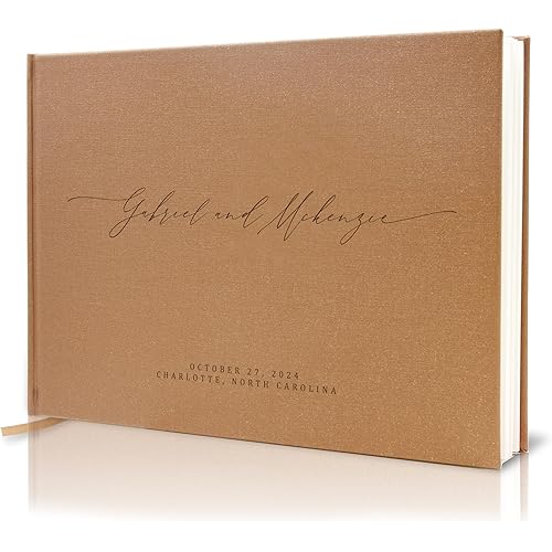 MUUJEE Personalized Guestbook in Bronze Shimmer - Premium Custom Modern Guest Book for Wedding Reception, Birthday Party or Events w/Bookmark Blank Pages for Signing 11.5 x 8.5 inches