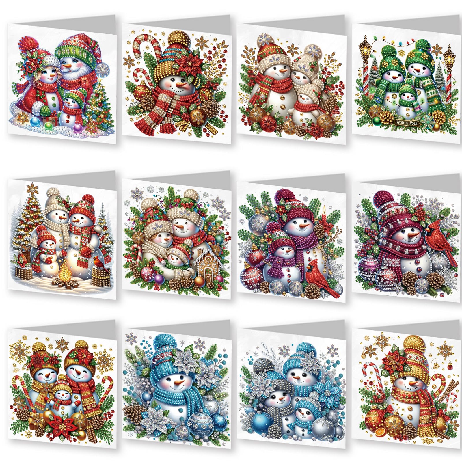 Awesocrafts Snowman 12Pcs Diamond Art Christmas Cards Kits Diy Diamond Painting Cards Sets, 5D Diamond Art Cards With Envelopes, Postcards For Handmade, Xmas 30 * 15Cm (Snowman)